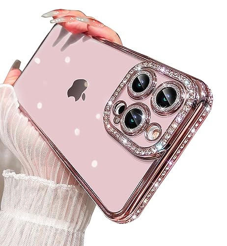 AMAZFCCY Strass Hülle für iPhone 15 Pro 6,1 Zoll, Cute Glitter Bling Sparkly Plating Luxus Diamant Weich Klar Transparent TPU Dünn Kameraschutz Mädchen Hülle für Apple iPhone 15 Pro 2023 (Rosa) von AMAZFCCY
