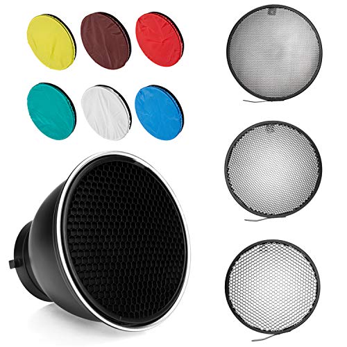 7 Zoll 18 cm Bowens Mount Standard Reflektor Diffusor mit Wabengitter Mit 6-Farben-Weichlichttuch für Bowens Mount lamp (Standard reflektierend + 10 ° / 30 ° / 50 ° Gitter) von AMBITFUL