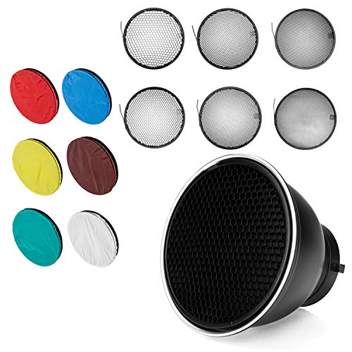 7 Zoll 18 cm Bowens Mount Standard Reflektor Diffusor mit Wabengitter Mit 6-Farben-Weichlichttuch für Bowens Mount lamp (Standard reflektierend + All Grid + 6 Farbe) von AMBITFUL