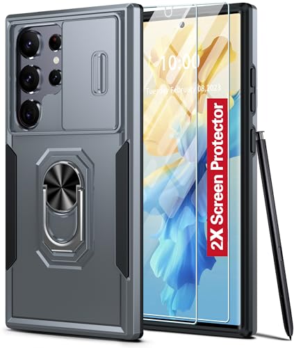 AMILIFECASES kompatibel mit Samsung Galaxy S24 Ultra Hülle,[bulit-in Slide Kameraabdeckung & Ring Ständer] [2* Displayschutzfolie] Militärstandard Handyhülle mit S24 Ultra 6,8 Zoll, Grau von AMILIFECASES