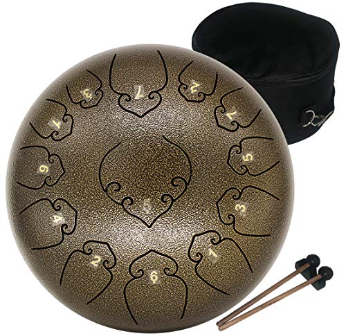 Amkoskr Stahlzungentrommel, 12 Zoll 30 cm Steel Tongue Drum, C-Dur 13 Noten, Handtrommel HandPan Drum mit Drumsticks/Tragetasche(Kaffee) von AMKOSKR