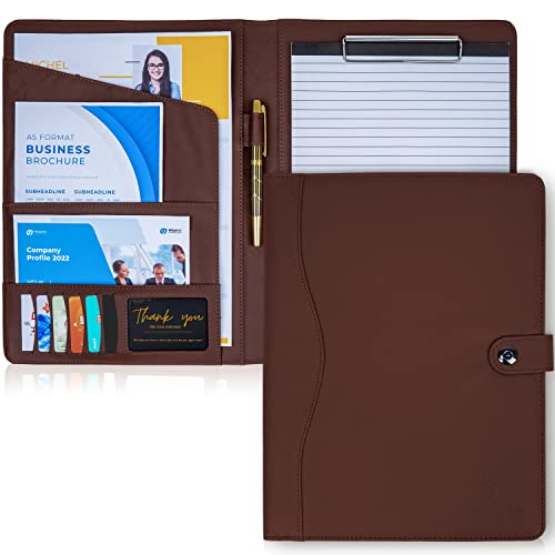 AMKSONS Schreibmappe A4 in Braun inklusive Klemmbrett & DIN A4 Notizblock - Premium Konferenzmappe aus PU-Leder mit Dokumentenfächern, Stiftehalter, Klappdeckel und Magnetverschluss von AMKSONS Geschäft