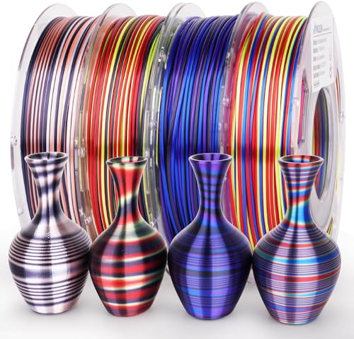 AMOLEN Silk PLA 3D Drucker Filament Bundle, Glänzende Multicolor Regenbogen PLA Filament 1.75mm Packung, Schneller Farbwechsel PLA 3D Druck Filament, 200g X 4 Spulen von AMOLEN