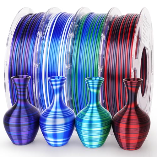 AMOLEN Silk PLA 3D Drucker Filament Bundle, Multicolor Rainbow PLA 1.75mm, Glänzende schnelle Farbwechsel PLA unregelmäßige Streifen 3D Druck Filament für die meisten FDM 3D Drucker, 200g X 4 Spulen von AMOLEN