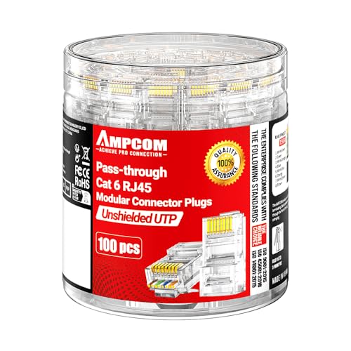 AMPCOM Cat6 RJ45 Durchgangs-Verbindungsstücke, vergoldete Ethernet-Stecker für solide/verseilte 23–26 AWG UTP-Ethernet-Kabel, 100 Stück von AMPCOM