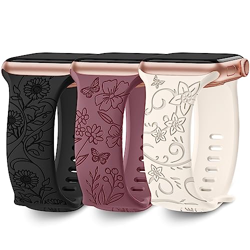 AMSKY 3 Stück Floral Gravierte Band Kompatibel mit Apple Watch Armband 40mm 41mm 44mm 46mm 45mm 38mm 42mm 49mm Damen, Silikon Ersatzarmband Kompatibel mit iWatch Armband Se Ultra 10 9 8 7 6 5 4 3 2 1 von AMSKY