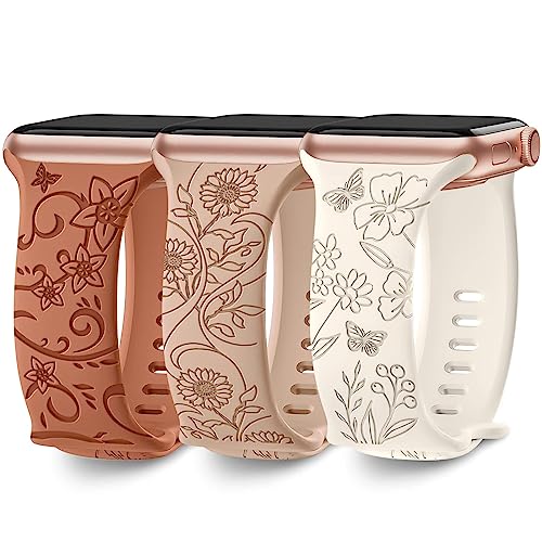 AMSKY 3 Stück Floral Gravierte Band Kompatibel mit Apple Watch Armband 40mm 41mm 44mm 46mm 45mm 38mm 42mm 49mm Damen, Silikon Ersatzarmband Kompatibel mit iWatch Armband Se Ultra 10 9 8 7 6 5 4 3 2 1 von AMSKY