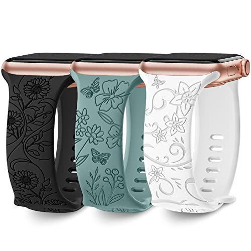 AMSKY 3 Stück Floral Gravierte Apfelband Kompatibel mit Apple Watch Armband 40mm 41mm 44mm 45mm 38mm 42mm 49mm für Damen, Silikon Ersatzarmband Kompatibel mit iWatch Armband Se Ultra 9 8 7 6 5 4 3 2 1 von AMSKY