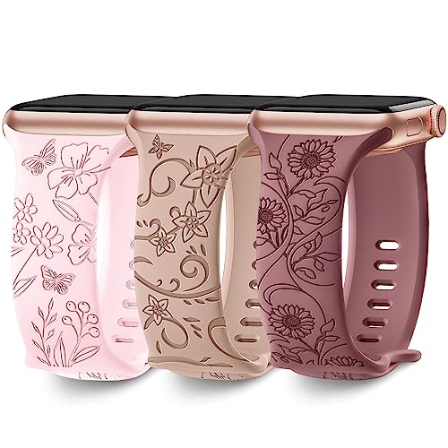 AMSKY 3 Stück Floral Gravierte Apfelband Kompatibel mit Apple Watch Armband 40mm 41mm 44mm 45mm 38mm 42mm 49mm für Damen, Silikon Ersatzarmband Kompatibel mit iWatch Armband Se Ultra 9 8 7 6 5 4 3 2 1 von AMSKY