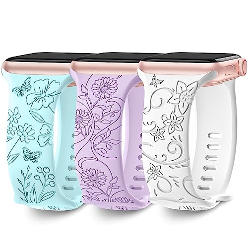 AMSKY 3 Stück Floral Gravierte Band Kompatibel mit Apple Watch Armband 40mm 41mm 44mm 46mm 45mm 38mm 42mm 49mm Damen, Silikon Ersatzarmband Kompatibel mit iWatch Armband Se Ultra 10 9 8 7 6 5 4 3 2 1 von AMSKY