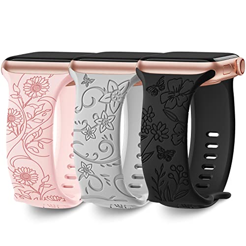 AMSKY 3 Stück Floral Gravierte Apfelband Kompatibel mit Apple Watch Armband 40mm 41mm 44mm 45mm 38mm 42mm 49mm für Damen, Silikon Ersatzarmband Kompatibel mit iWatch Armband Se Ultra 9 8 7 6 5 4 3 2 1 von AMSKY