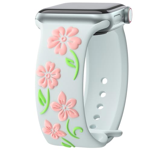 AMSKY Dreifarbig Floral Silikon Band Kompatibel mit Apple Watch Armband 40mm 46mm 44mm 41mm 45mm 42mm 38mm Damen, Blumen Muster Graviert Kompatibel mit iWatch Armband Series 10 9 8 7 6 5 4 3 2 1 Se von AMSKY
