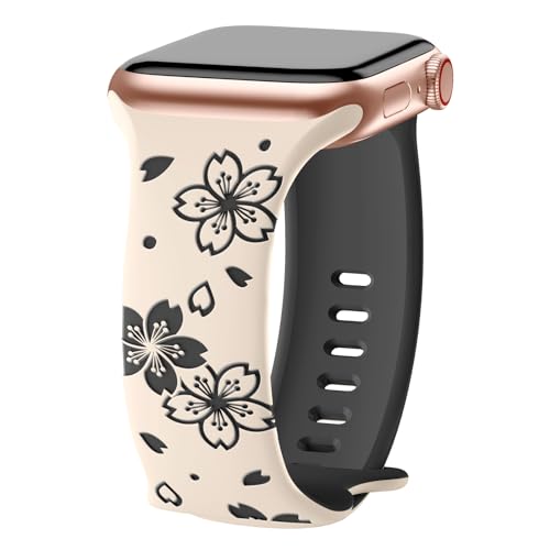 AMSKY Flower Apfelband Kompatibel mit Apple Watch Armband 40mm 41mm 38mm 42mm 45mm 44mm Damen, Graviert Silikon Armbänder mit Blumen Floral Muster Kompatibel mit iWatch Armband Se 9 8 7 6 5 4 3 2 1 von AMSKY