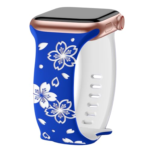 AMSKY Flower Band Kompatibel mit Apple Watch Armband 40mm 46mm 41mm 38mm 42mm 45mm 44mm Damen, Graviert Silikon Armbänder mit Blumen Floral Muster Kompatibel mit iWatch Armband Se 10 9 8 7 6 5 4 3 2 1 von AMSKY