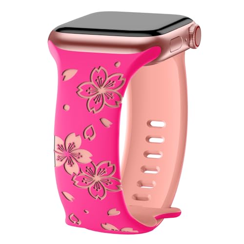 AMSKY Flower Band Kompatibel mit Apple Watch Armband 40mm 46mm 41mm 38mm 42mm 45mm 44mm Damen, Graviert Silikon Armbänder mit Blumen Floral Muster Kompatibel mit iWatch Armband Se 10 9 8 7 6 5 4 3 2 1 von AMSKY