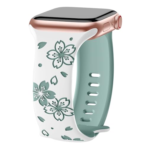 AMSKY Flower Band Kompatibel mit Apple Watch Armband 40mm 46mm 41mm 38mm 42mm 45mm 44mm Damen, Graviert Silikon Armbänder mit Blumen Floral Muster Kompatibel mit iWatch Armband Se 10 9 8 7 6 5 4 3 2 1 von AMSKY