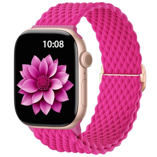 AMSKY Geflochten Apfelband Kompatibel mit Apple Watch Armband 40mm 44mm 45mm 41mm 42mm 38mm 49mm Damen Herren, Textil Stoff Kompatibel mit iWatch Armband Se Ultra Series 9 8 7 6 5 4 3 2 1, Heißes Rosa von AMSKY