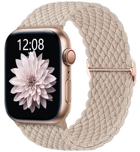 AMSKY Geflochten Apfelband Kompatibel mit Apple Watch Armband 40mm 44mm 45mm 41mm 42mm 38mm 49mm Damen Herren, Textil Stoff Kompatibel mit iWatch Armband Se Ultra Series 9 8 7 6 5 4 3 2 1, Milchtee von AMSKY