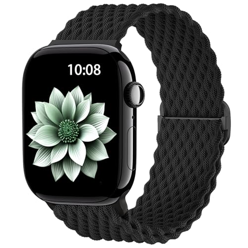 AMSKY Geflochten Apfelband Kompatibel mit Apple Watch Armband 40mm 44mm 45mm 41mm 42mm 38mm 49mm für Damen Herren, Textil Stoff Kompatibel mit iWatch Armband Se Ultra Series 9 8 7 6 5 4 3 2 1, Schwarz von AMSKY