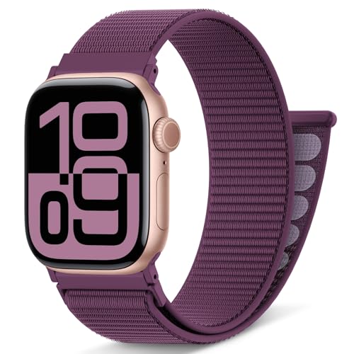 AMSKY Nylon Sport Loop Band Kompatibel mit Apple Watch Armband 40mm 42mm 46mm 44mm 45mm 41mm 38mm 49mm, Damen Herren Original Design für iWatch Series 10 9 8 7 6 5 4 3 2 1 SE Ultra, Pflaume von AMSKY