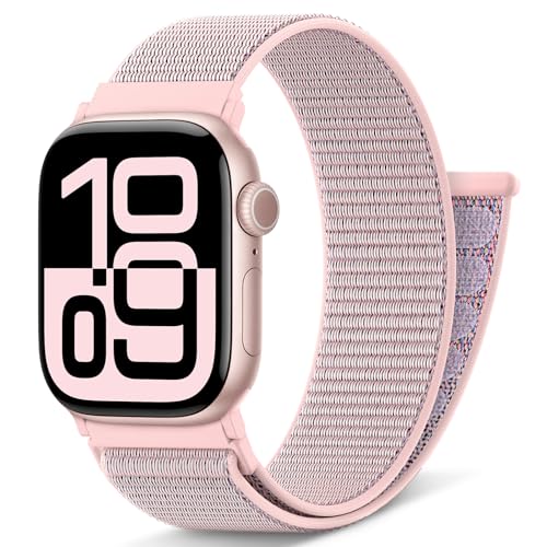 AMSKY Nylon Sport Loop Band Kompatibel mit Apple Watch Armband 40mm 42mm 46mm 44mm 45mm 41mm 38mm 49mm, Damen Herren Original Design für iWatch Series 10 9 8 7 6 5 4 3 2 1 SE Ultra, Rosa Sand von AMSKY