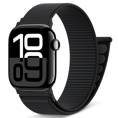 AMSKY Nylon Sport Loop Band Kompatibel mit Apple Watch Armband 40mm 42mm 46mm 44mm 45mm 41mm 38mm 49mm, Damen Herren Original Design für iWatch Series 10 9 8 7 6 5 4 3 2 1 SE Ultra, Schwarz von AMSKY