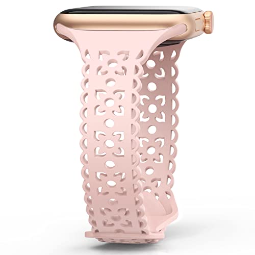 AMSKY Schmal Blumen Graviert Apfelband Kompatibel mit Apple Watch Armband 40mm 41mm 44mm 42mm 38mm 45mm für Damen, Floral Muster Silikon Armbänder Kompatibel mit iWatch Series Se 9 8 7 6 5 4 3 2 1 von AMSKY