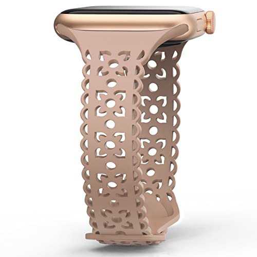 AMSKY Schmal Blumen Graviert Apfelband Kompatibel mit Apple Watch Armband 40mm 41mm 44mm 42mm 38mm 45mm für Damen, Floral Muster Silikon Armbänder Kompatibel mit iWatch Series Se 9 8 7 6 5 4 3 2 1 von AMSKY