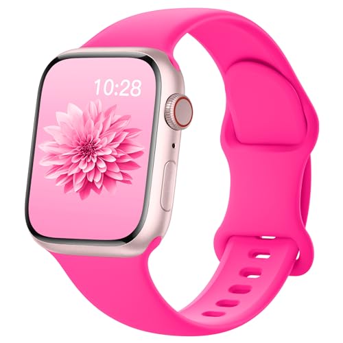 AMSKY Silikon Apfelband Kompatibel mit Apple Watch Armband 40mm 44mm 45mm 41mm 42mm 38mm 49mm Damen Herren, Sport Gummi Kompatibel mit iWatch Armband Series 9 8 7 6 5 4 3 2 1 Se Ultra, Heißes Rosa von AMSKY