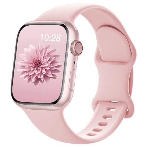 AMSKY Silikon Apfelband Kompatibel mit Apple Watch Armband 40mm 44mm 45mm 41mm 42mm 38mm 49mm für Damen Herren, Sport Gummi Kompatibel mit iWatch Armband Series 9 8 7 6 5 4 3 2 1 Se Ultra, Hellrosa von AMSKY