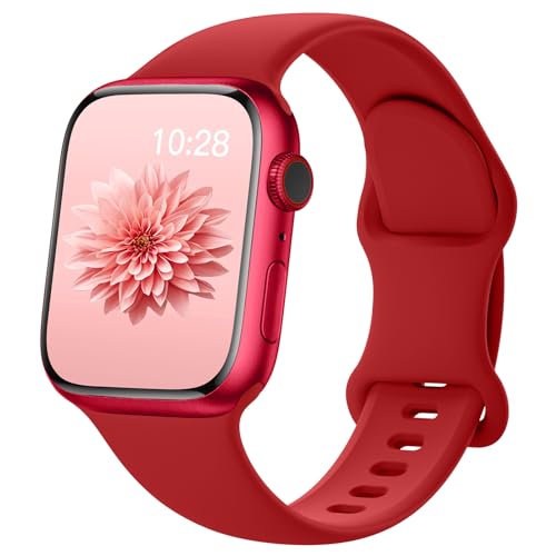 AMSKY Silikon Apfelband Kompatibel mit Apple Watch Armband 40mm 44mm 45mm 41mm 42mm 38mm 49mm für Damen Herren, Sport Gummi Kompatibel mit iWatch Armband Series 9 8 7 6 5 4 3 2 1 Se Ultra, Rot von AMSKY