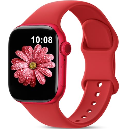 AMSKY Silikon Sport Armbänder Kompatibel mit Apple Watch Armband 40mm 42mm 46mm 44mm 45mm 41mm 38mm, Damen Herren Weiche Wasserdicht Gummi Band für iWatch Series 10 9 8 7 6 5 4 3 2 1 Se, Rot von AMSKY
