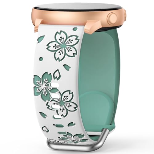 AMSKY Zweifarbig Floral Silikon Armband Kompatibel mit Samsung Galaxy Watch 7 6 5 4 Active 2 40mm 44mm, Watch 6 4 Classic 43mm 47mm 42mm 46mm, 5 Pro 45mm, 20mm Blumen Muster Graviert Armband für Damen von AMSKY