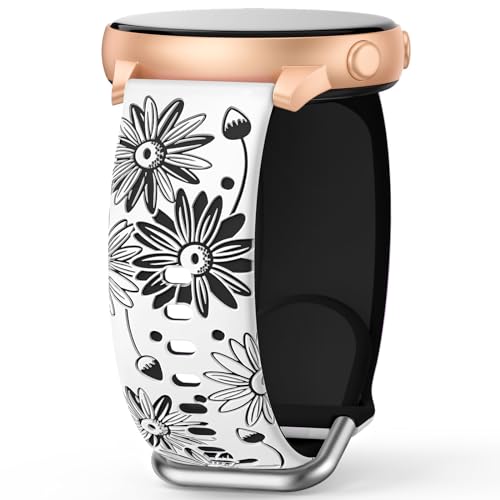 AMSKY Zweifarbig Floral Silikon Armband Kompatibel mit Samsung Galaxy Watch 6 5 4 Active 2 40mm 44mm, Watch 6 4 Classic 43mm 47mm 42mm 46mm, 5 Pro 45mm, 20mm Blumen Muster Graviert Armband für Damen von AMSKY