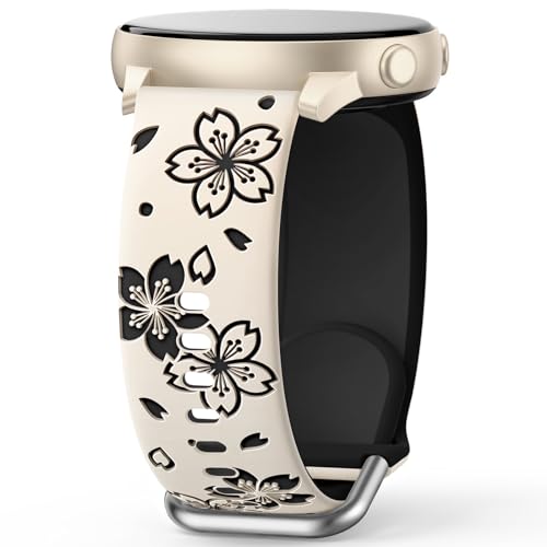 AMSKY Zweifarbig Floral Silikon Armband Kompatibel mit Samsung Galaxy Watch 6 5 4 Active 2 40mm 44mm, Watch 6 4 Classic 43mm 47mm 42mm 46mm, 5 Pro 45mm, 20mm Blumen Muster Graviert Armband für Damen von AMSKY