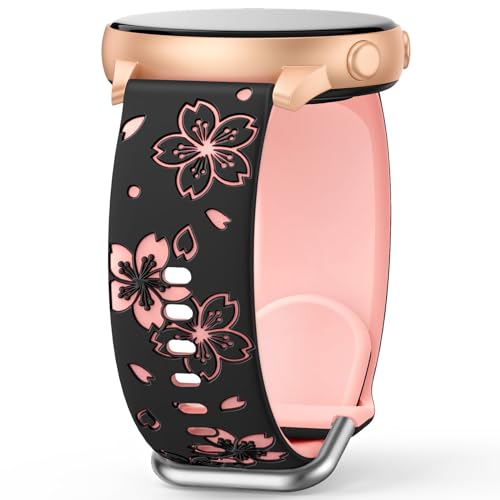 AMSKY Zweifarbig Floral Silikon Armband Kompatibel mit Samsung Galaxy Watch 6 5 4 Active 2 40mm 44mm, Watch 6 4 Classic 43mm 47mm 42mm 46mm, 5 Pro 45mm, 20mm Blumen Muster Graviert Armband für Damen von AMSKY