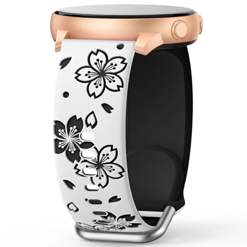 AMSKY Zweifarbig Floral Silikon Armband Kompatibel mit Samsung Galaxy Watch 6 5 4 Active 2 40mm 44mm, Watch 6 4 Classic 43mm 47mm 42mm 46mm, 5 Pro 45mm, 20mm Blumen Muster Graviert Armband für Damen von AMSKY