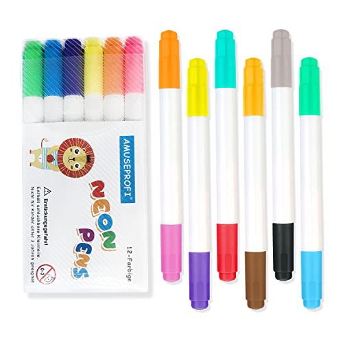 AMUSEPROFI Neon Pens, Neonmarkerzum Ersatz, 2 Spitzen, Anwendbar Für Schreibtafel, Drawing Board, Lerntablett, 12er-Pack von AMUSEPROFI