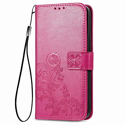AMWEI Hülle für Motorola Moto E32, Premium TPU/PU Leder Klappbar Glückskleeblattprägung Schutzhülle Handyhülle mit Standfunktion & Kartensteckplätzen, Rot von AMWEI