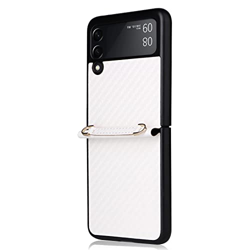 AMWEI Hülle für Samsung Galaxy Z Flip4 (Z Flip 4) Case, Handyhülle Cover Bumper Carbon Fibre Texture TPU Und PU-Leder Stoßfest Schutzhülle mit Schlüsselband. Weiß von AMWEI