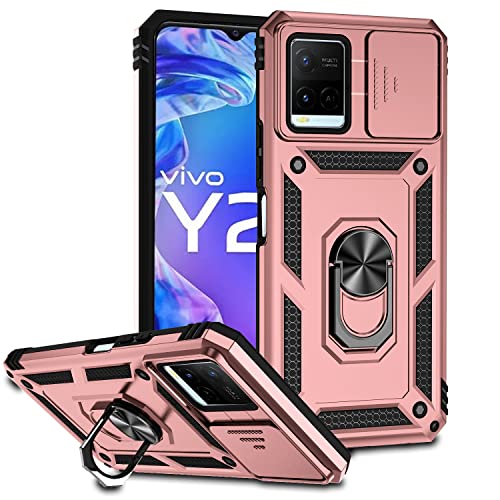 AMWEI Hülle für VIVO Y21 / Y21S / Y33S, TPU/PC Stoßfest Silikon Bumper Schutzhülle Handyhülle mit 360 ° Drehung Fingerring Stände Und Kameraschutzrutsche, Roségold von AMWEI