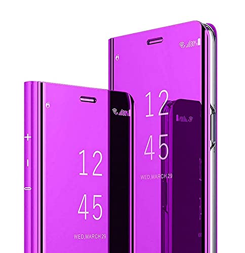 AMWEI Hülle für Xiaomi Mi 12T / 12T Pro 5G, Spiegel Clear View Flip Handyhülle, PU/PC Lederhülle Schutzhülle Mirror Make-Up Case Cover mit Flip Klappbarer Stände. Lila von AMWEI