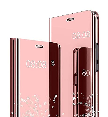 AMWEI Hülle für Xiaomi Mi 12T / 12T Pro 5G, Spiegel Clear View Flip Handyhülle, PU/PC Lederhülle Schutzhülle Mirror Make-Up Case Cover mit Flip Klappbarer Stände. Roségold von AMWEI