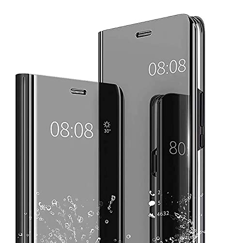 AMWEI Hülle für Xiaomi Mi 12T / 12T Pro 5G, Spiegel Clear View Flip Handyhülle, PU/PC Lederhülle Schutzhülle Mirror Make-Up Case Cover mit Flip Klappbarer Stände. Schwarz von AMWEI