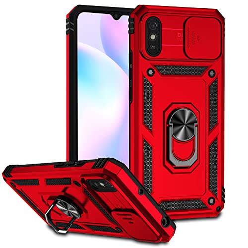 AMWEI Hülle für Xiaomi Redmi 9AT / 9A, TPU/PC Stoßfest Silikon Bumper Schutzhülle Handyhülle mit 360 ° Drehung Fingerring Stände Und Kameraschutzrutsche, Rot von AMWEI