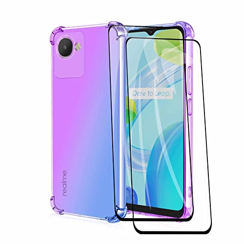AMWEI Silikon Hülle für Realme C30 4G mit 2 Panzerglas Schutzfolie, Handyhülle Transparent Dünne Weiche TPU Stoßfest Durchsichtige Schutzhülle Bumper (Lila Blau) von AMWEI