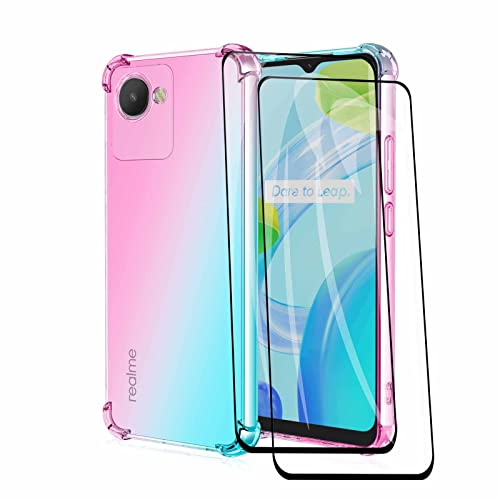 AMWEI Silikon Hülle für Realme C30 4G mit 2 Panzerglas Schutzfolie, Handyhülle Transparent Dünne Weiche TPU Stoßfest Durchsichtige Schutzhülle Bumper (Rosa Grün) von AMWEI