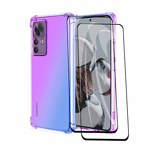 AMWEI Silikon Hülle für Xiaomi Mi 12T 5G mit 2 Panzerglas Schutzfolie, Handyhülle Transparent Dünne Weiche TPU Stoßfest Durchsichtige Schutzhülle Bumper (Lila Blau) von AMWEI