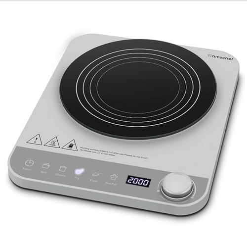 AMZCHEF Einzel Induktionskochplatte mit Elektronischer Drehknopf, 10 Leistungs- und Temperaturstufen, Schlankem Design, Zeitschaltuhr, 2000W(Silver) von AMZCHEF