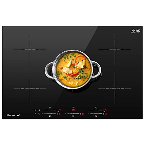 AMZCHEF Induktionskochfeld 5 Zonen Einbau Induktionskochplatte mit Booster und 9 Stufen, Pausenfunktion und warm halten, Induktion Kochfeldmit Slider-Steuerung, Multifunktions-Timer von AMZCHEF